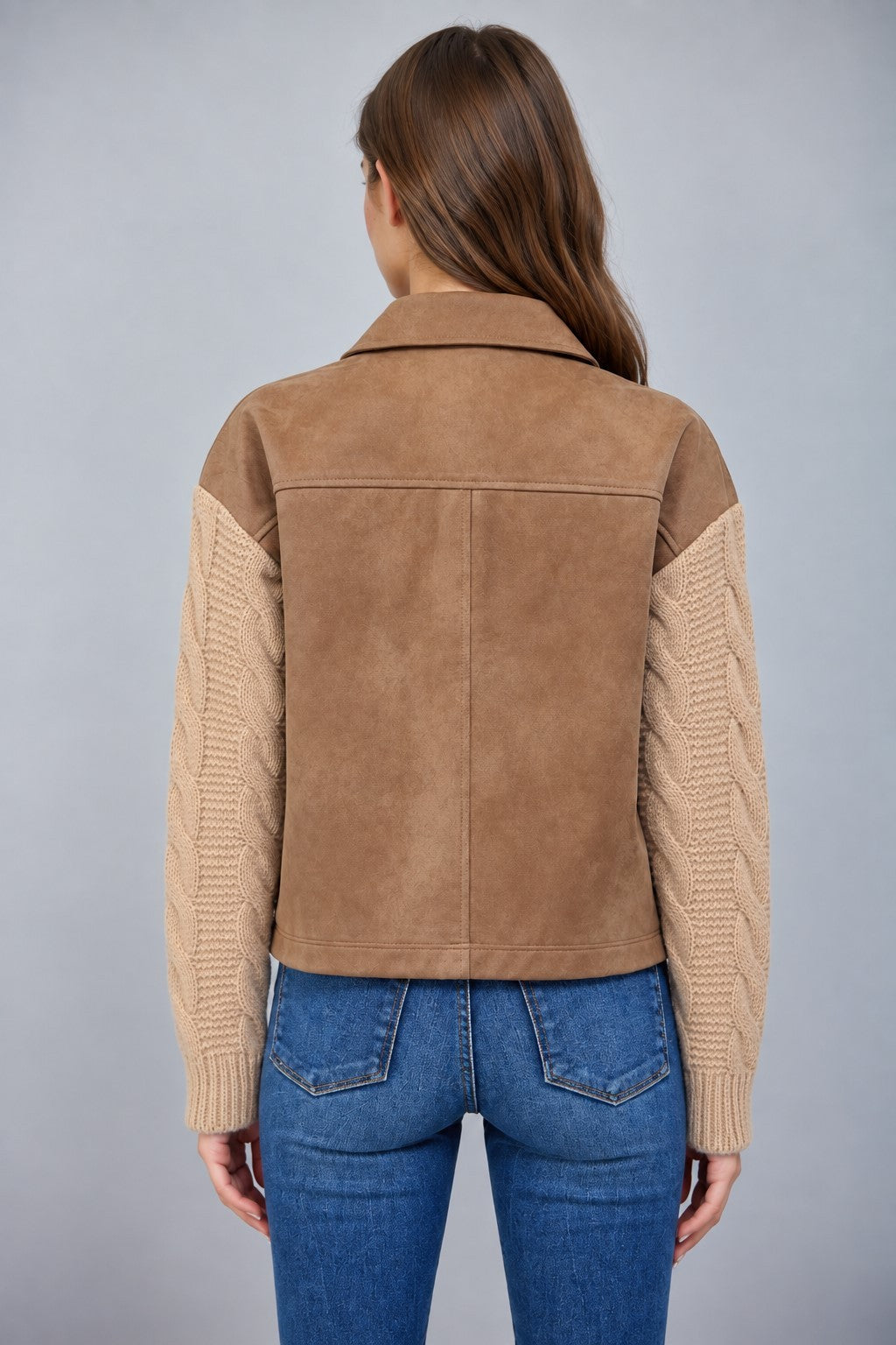 Textured Sweater Sleeve Leather Jacket