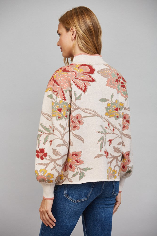 Floral Pattern Jacquard Knit Mock Neck Sweater