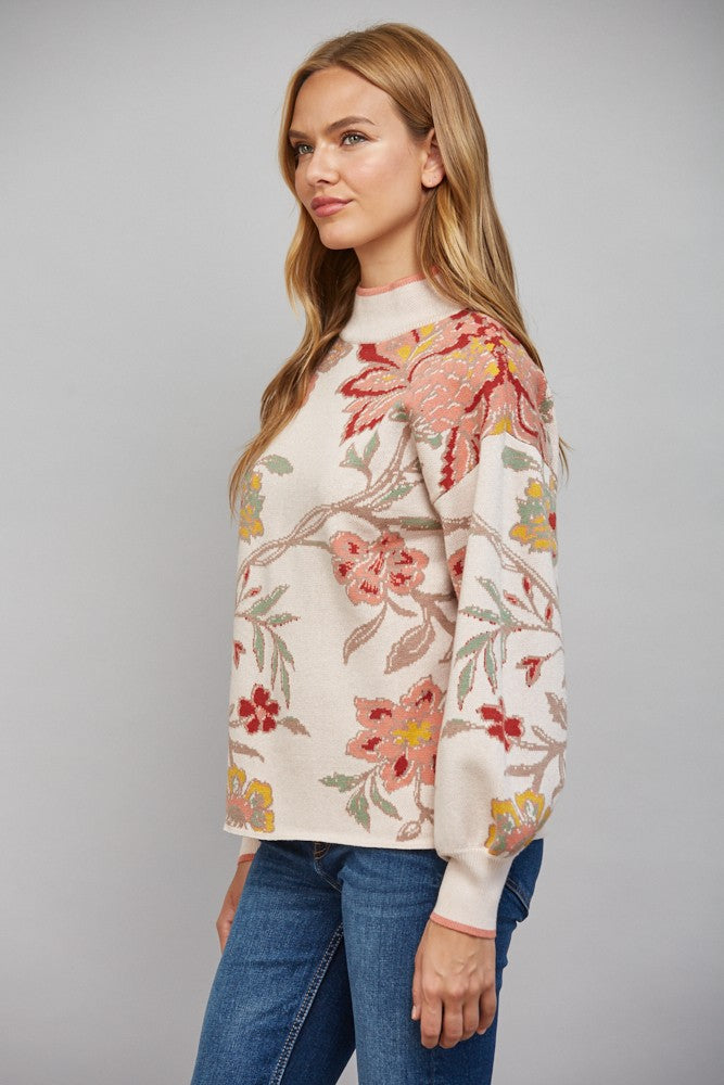 Floral Pattern Jacquard Knit Mock Neck Sweater