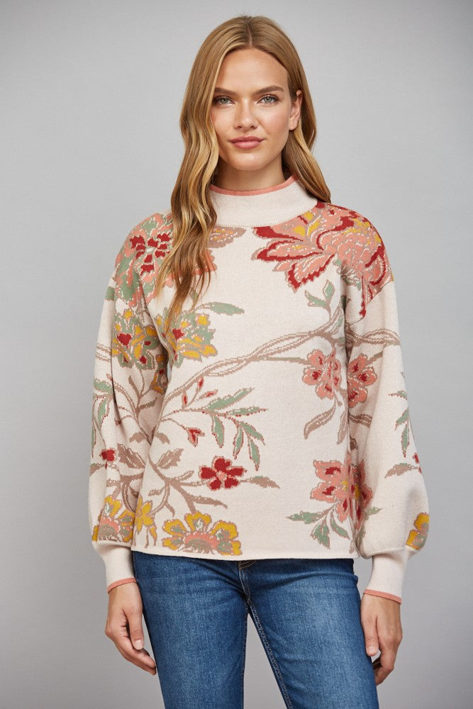 Floral Pattern Jacquard Knit Mock Neck Sweater