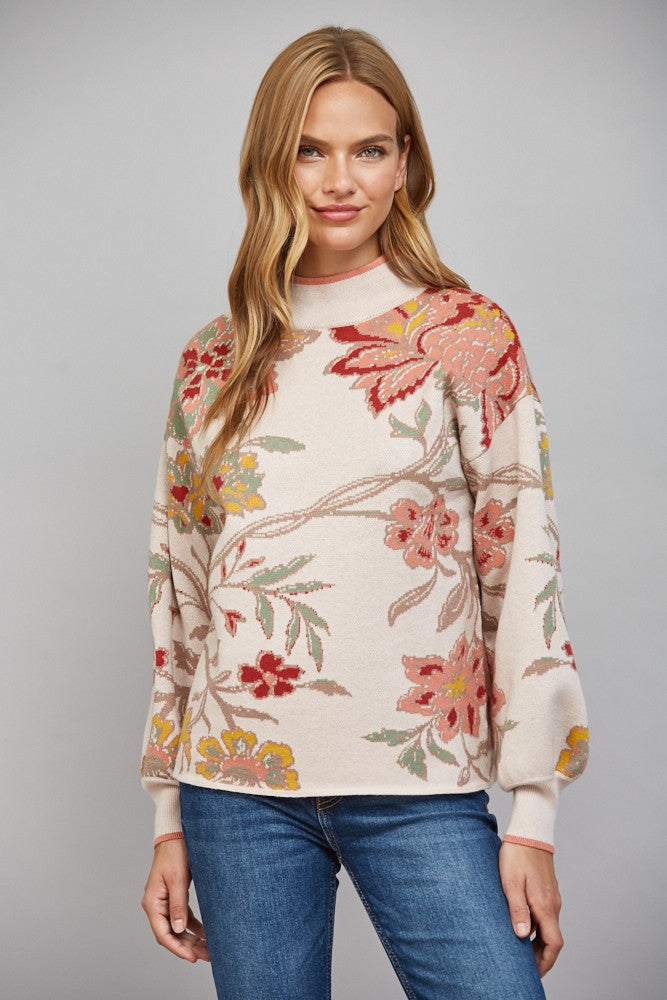 Floral Pattern Jacquard Knit Mock Neck Sweater