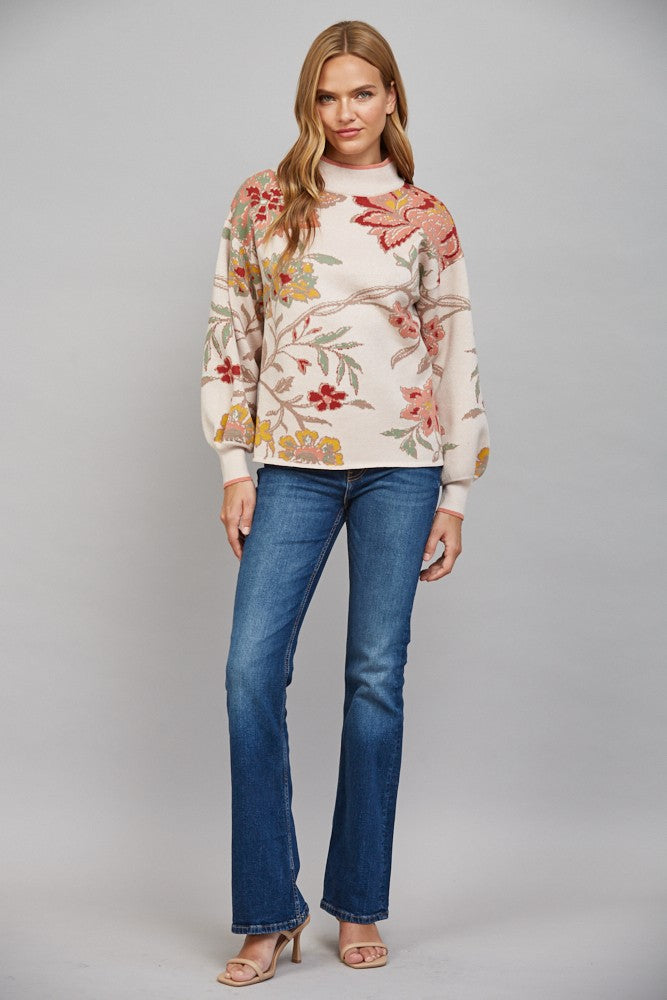 Floral Pattern Jacquard Knit Mock Neck Sweater