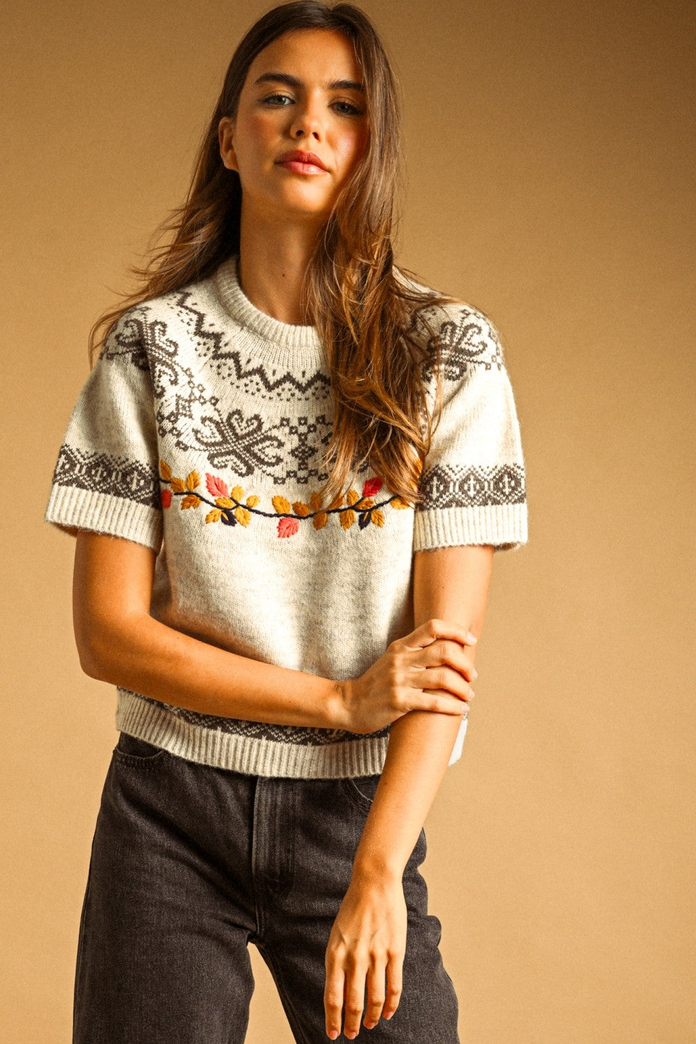Embroidered Foliage Short Sleeve Sweater