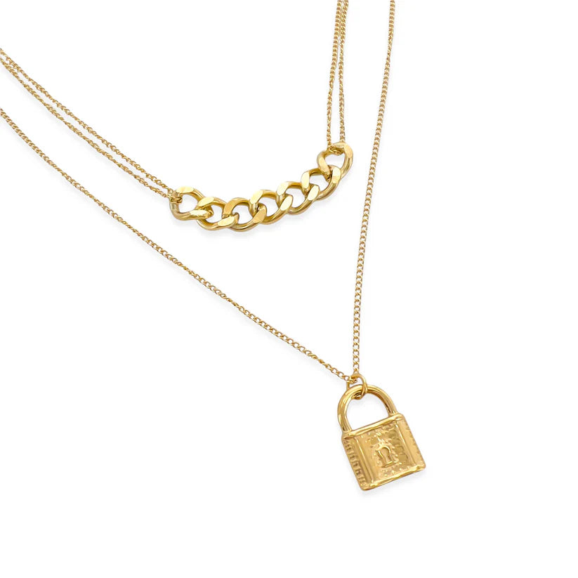 Double Layer Curb Chain Lock 18k Gold Plated Necklace