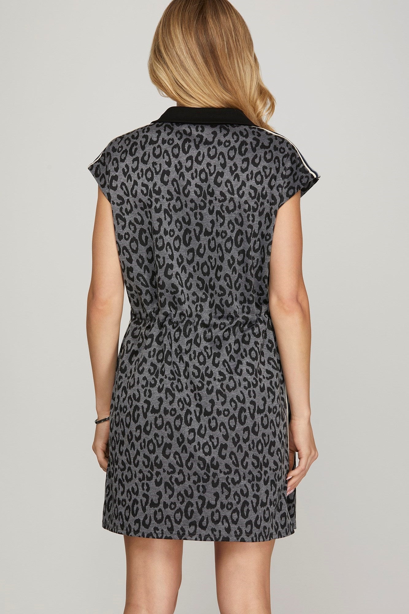 Half Zip Leopard Print Stripe Detail Collared Mini Dress Grey