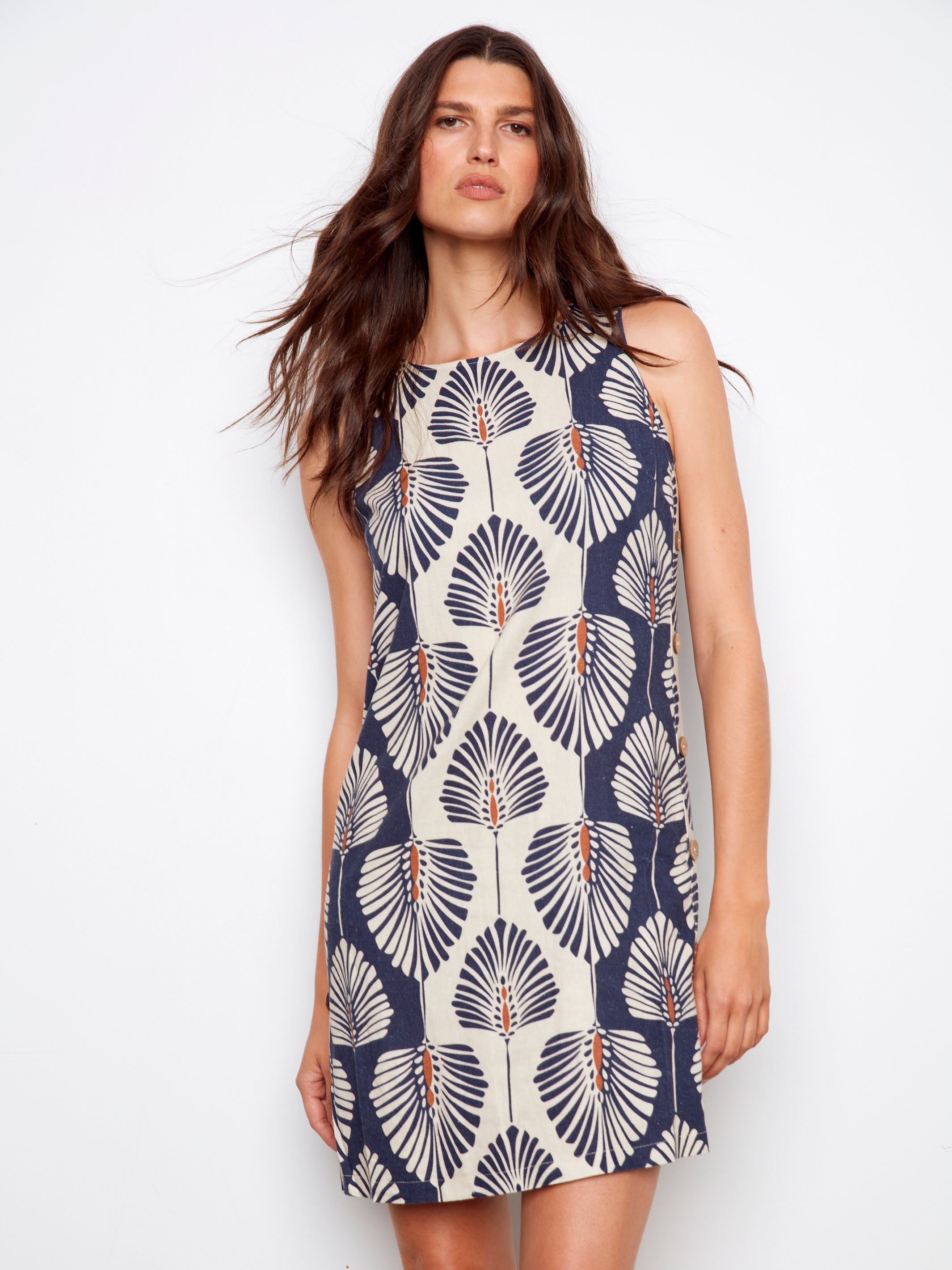 Printed Side Button Detail Sleeveless Shift Dress Tahiti