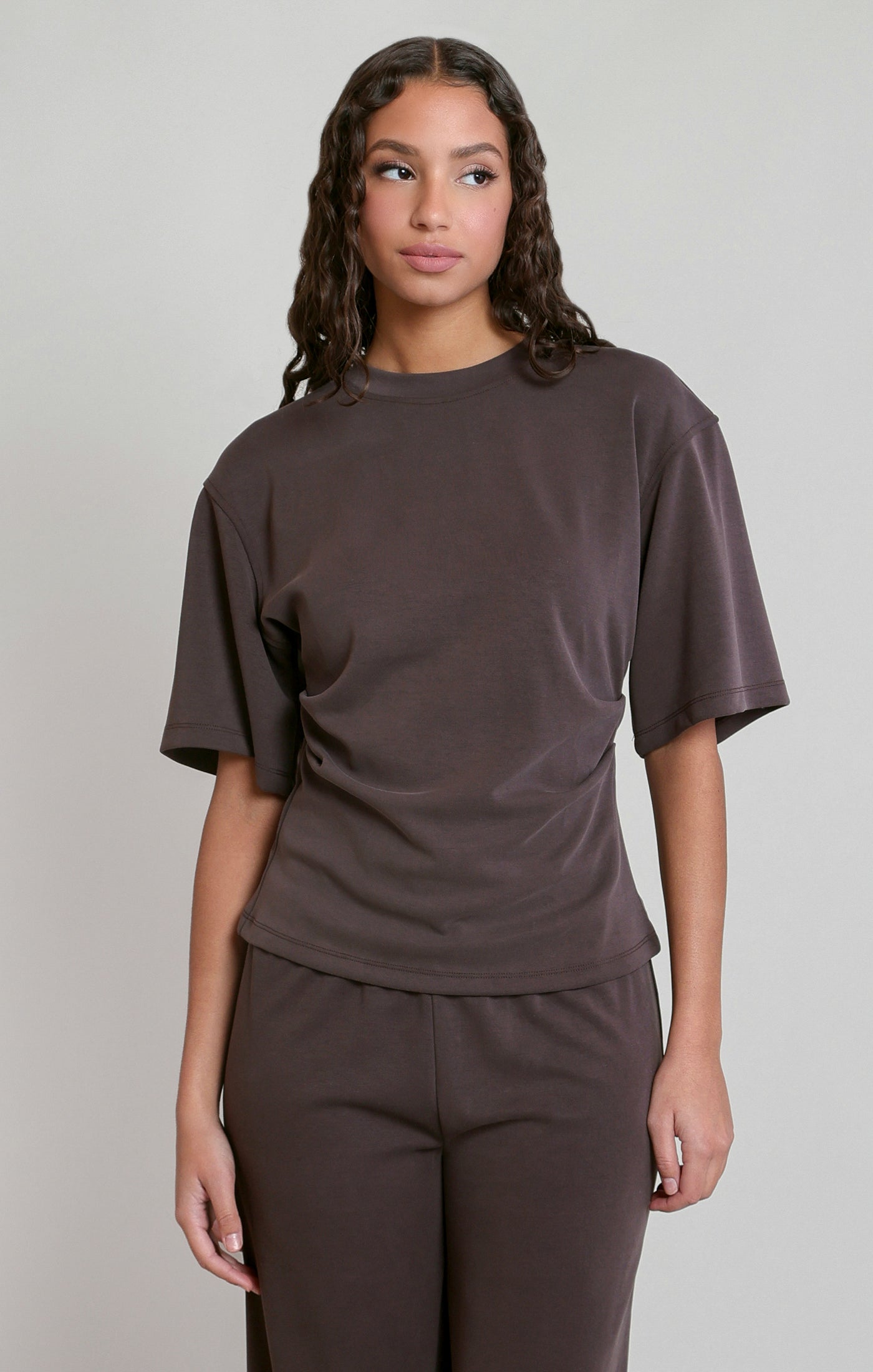 Pleated Sides Tshirt Soft Brown