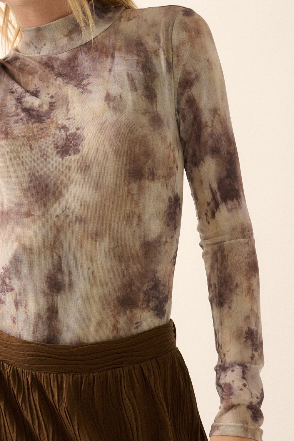 Abstract Print High Neck Bodysuit Espresso