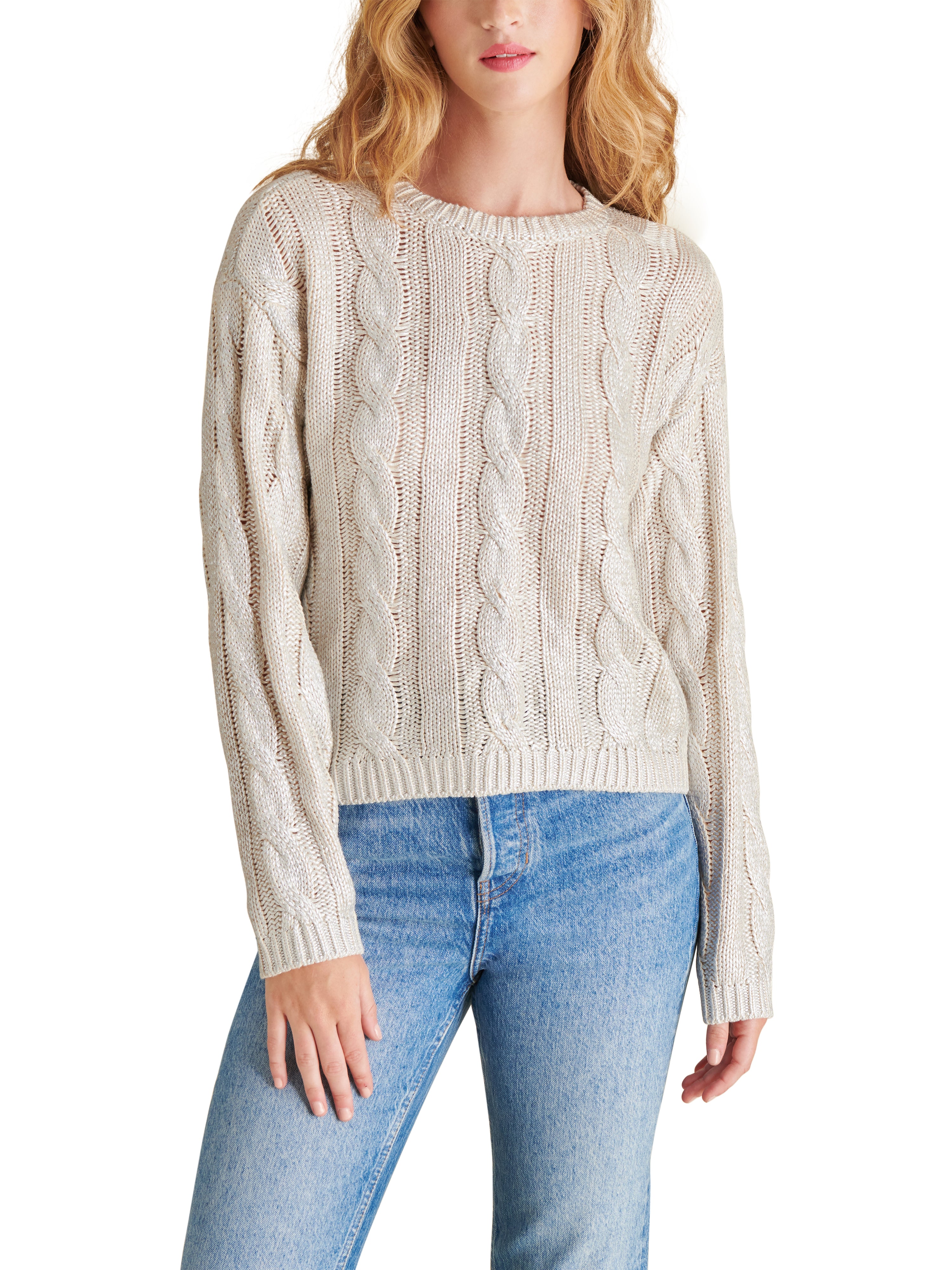 Renzo Metallic Foil Cable Crew Neck Sweater Antique Ivory