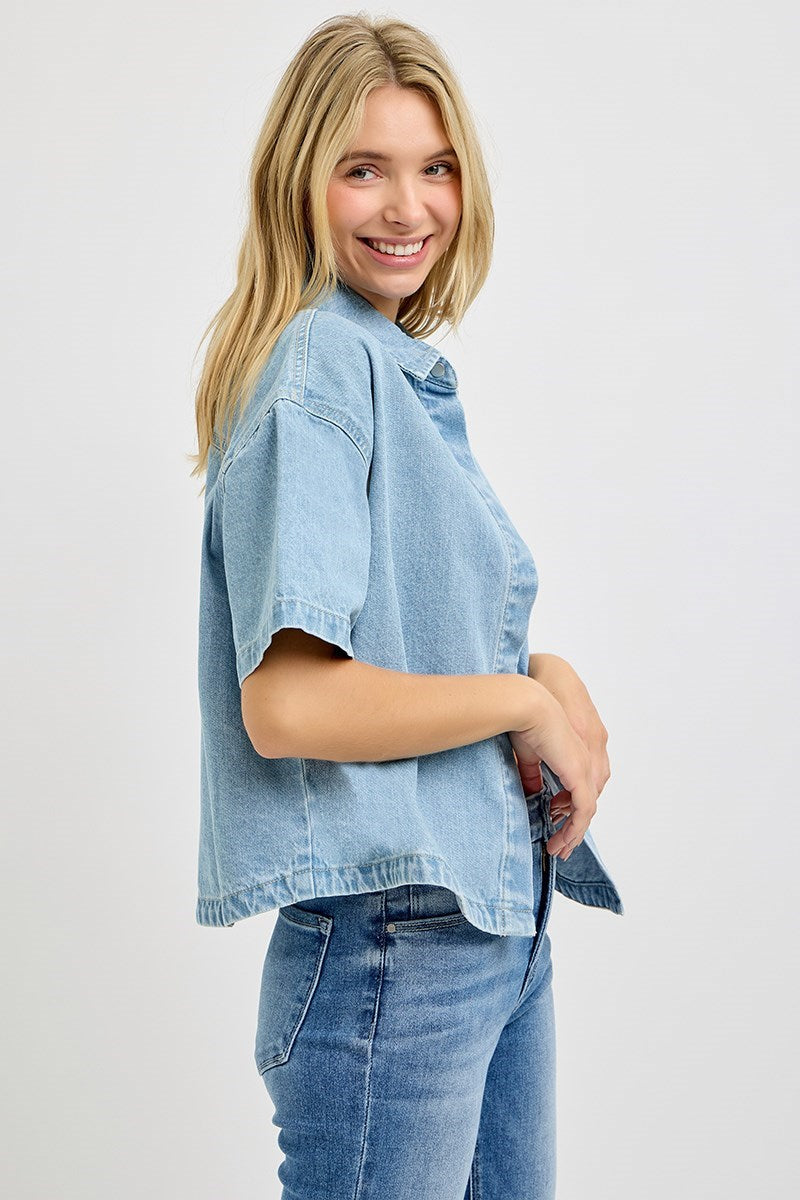Oversize Half Sleeve Crop Denim Shirt Light