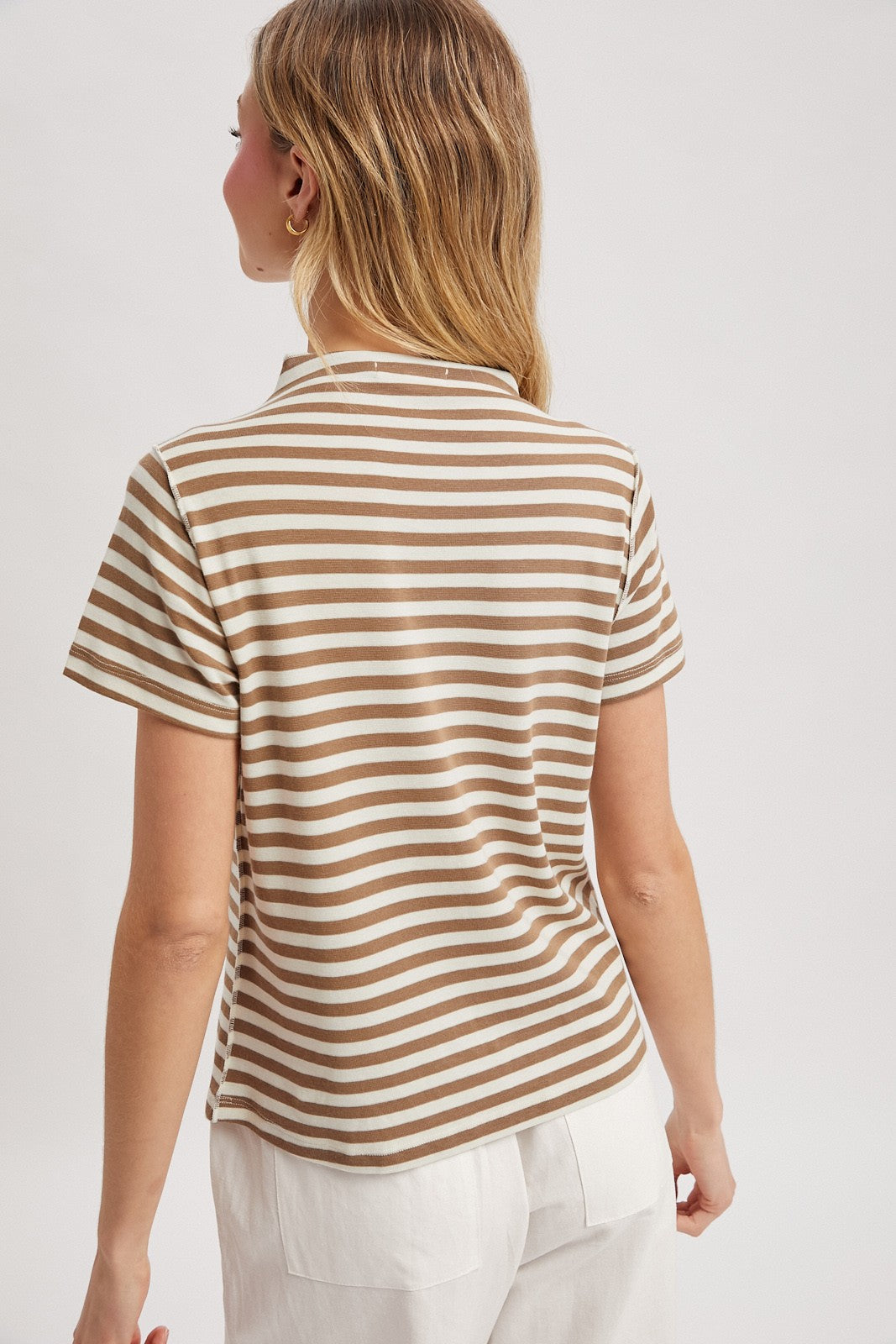 Striped Mock Neck Knit Short Sleeve Top Chocolate + Cream