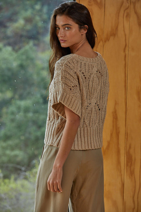 Cali Crochet Short Sleeve Sweater Top Taupe