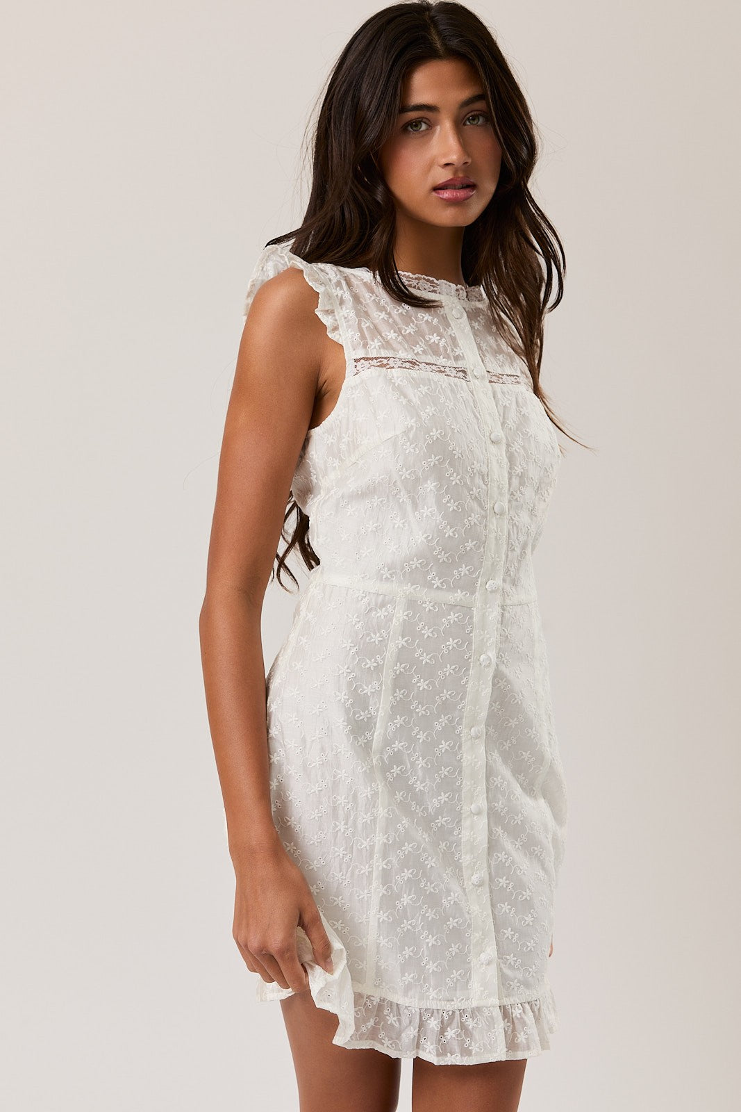 Eyelet Lace Trim Mini Dress White