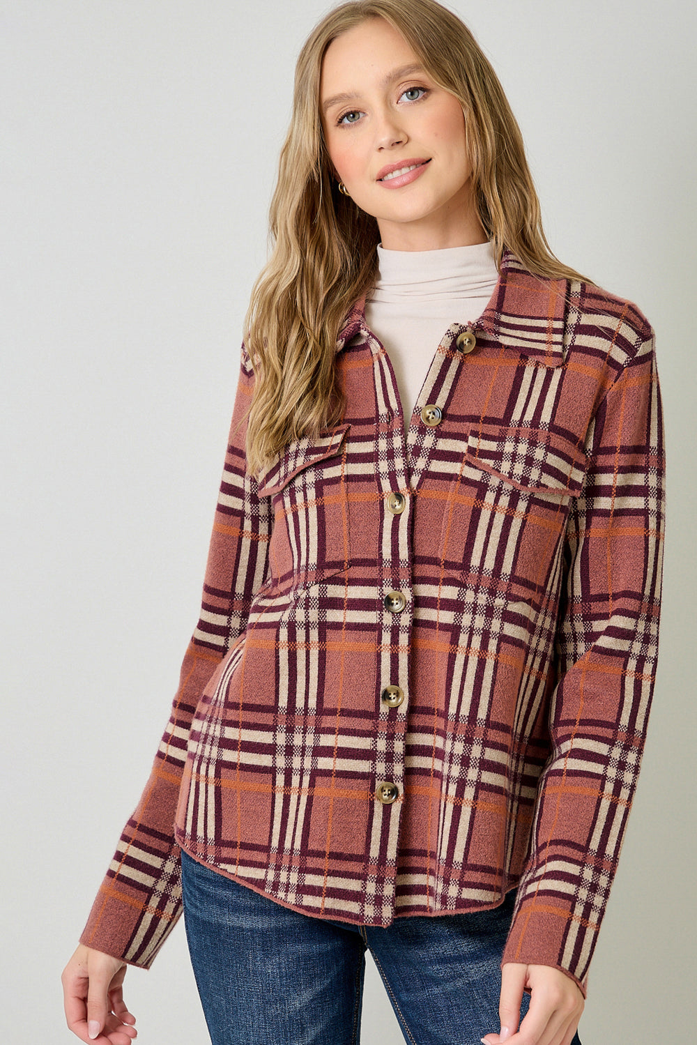 Check Patterened Sweater Jacket Berry Mix