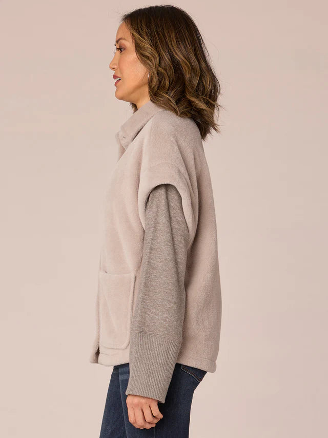 Drop Shoulder Button Front Fuzzy Vest Light Cement