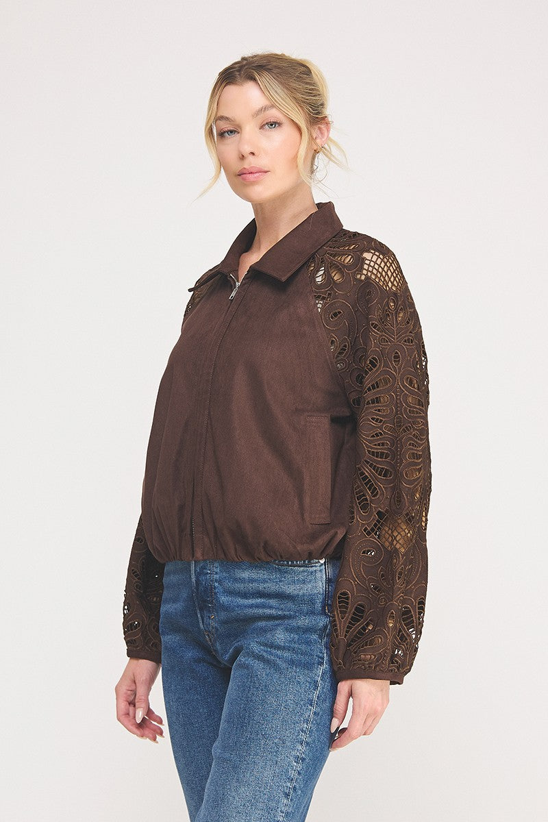 Lace Sleeve Suede Bomber Jacket Chocolate