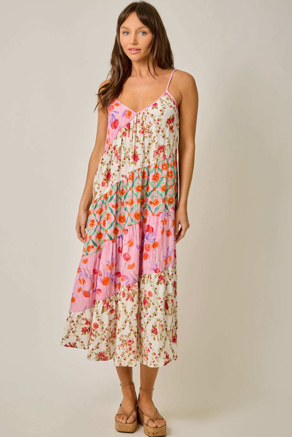 Mixed Print Panels Long Dress Ivory + Rose