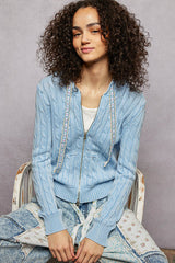 Floral Lace String Cable Knit Zip Hoodie Sweater Powder Blue