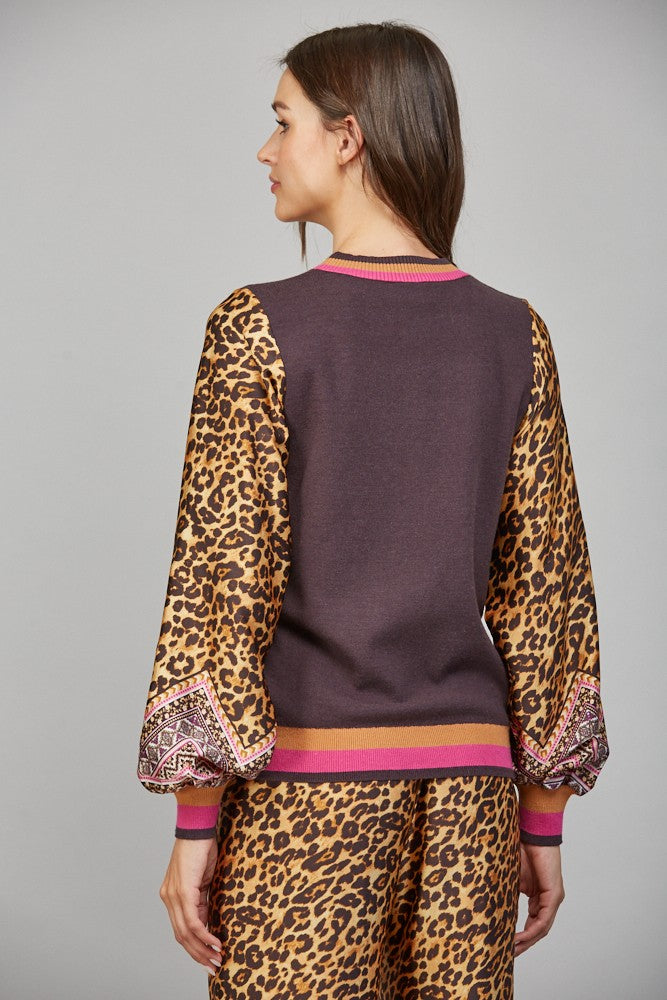 Animal Print Crew Sweater Brown Multi