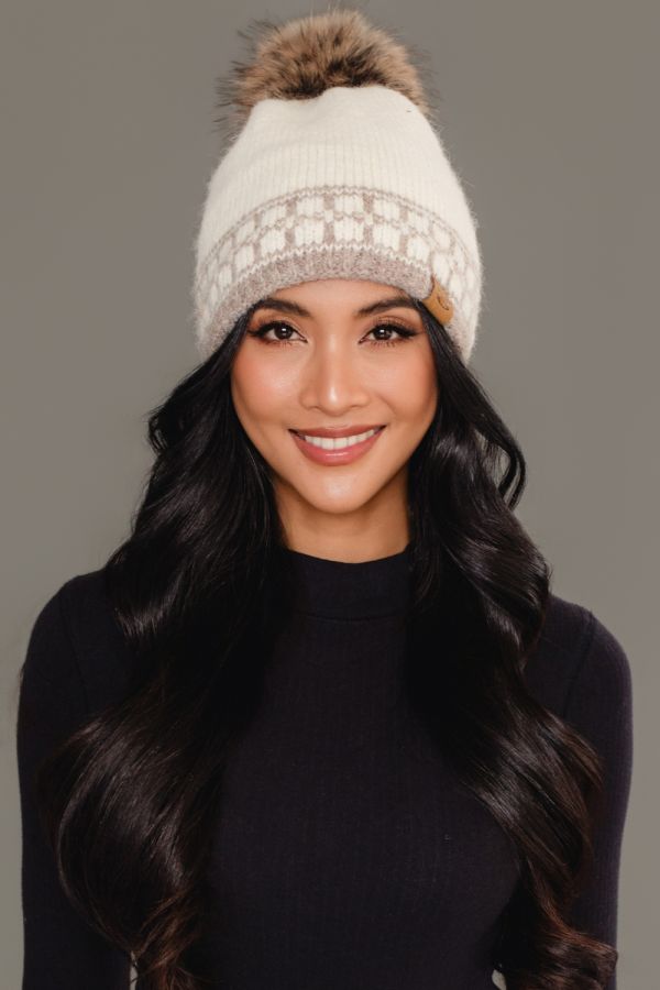 Square Pattern Knit Pom Hat Ivory