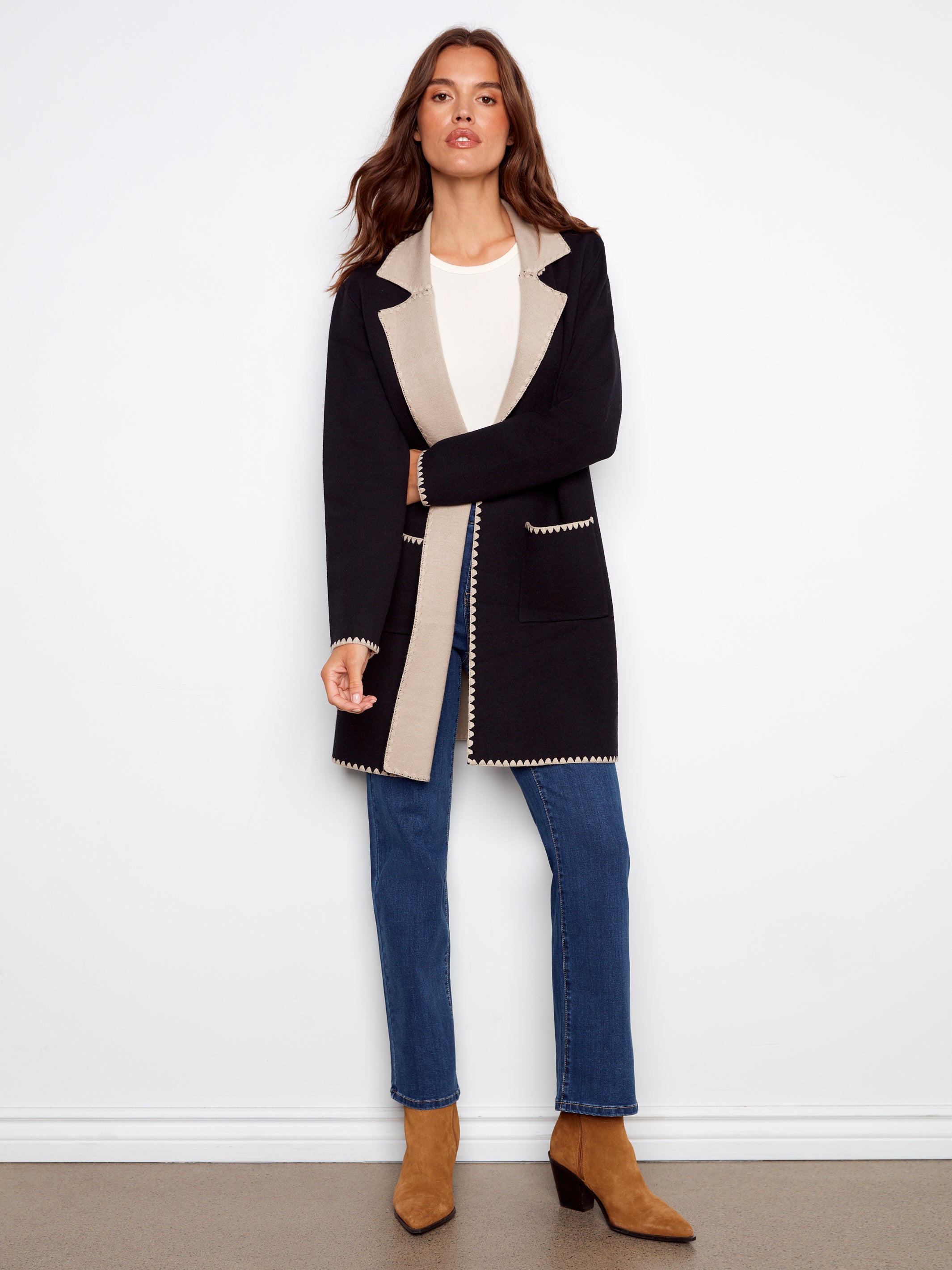 Two Tone Stitched Cardigan Black