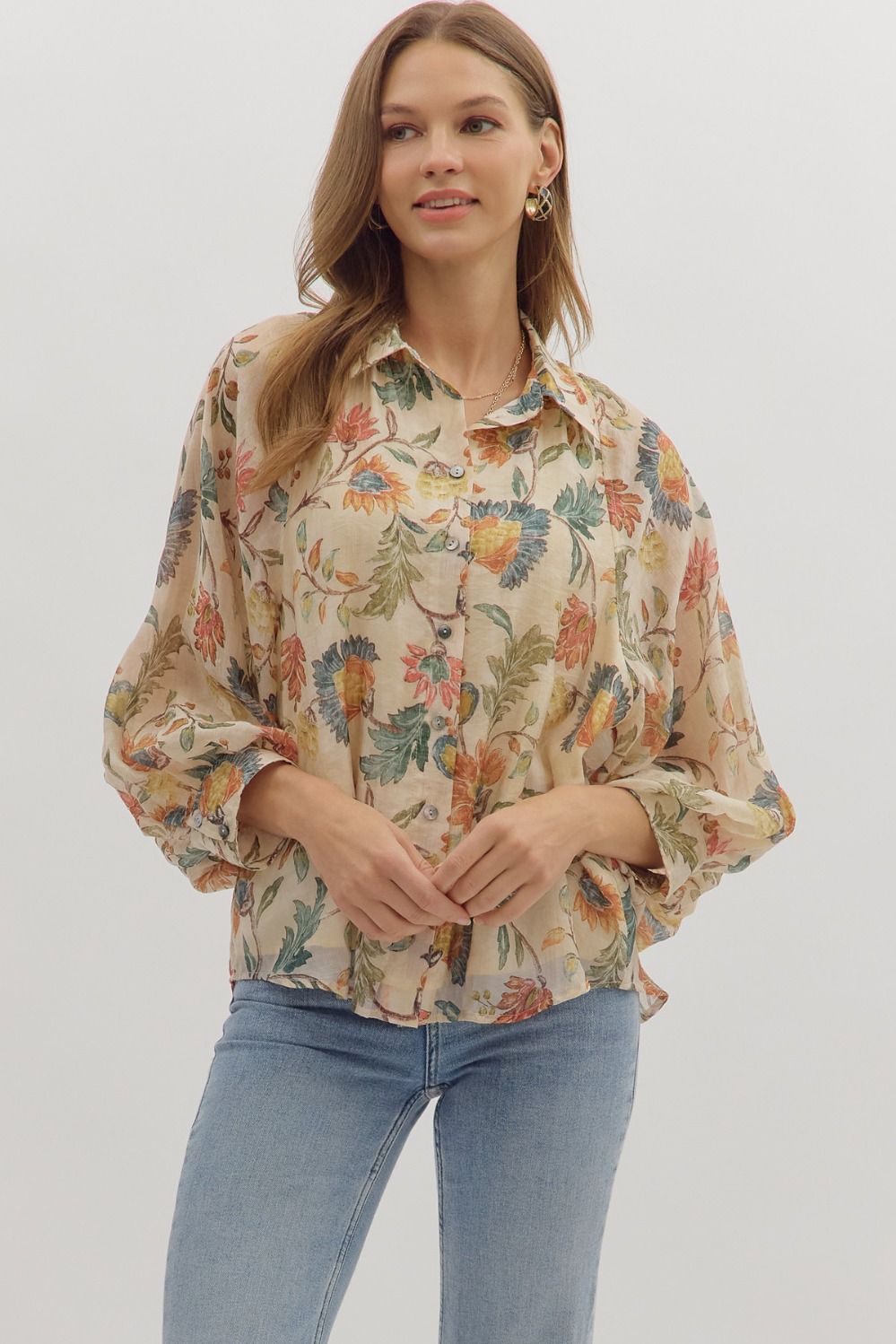 Fall Botanical Floral Top Ecru