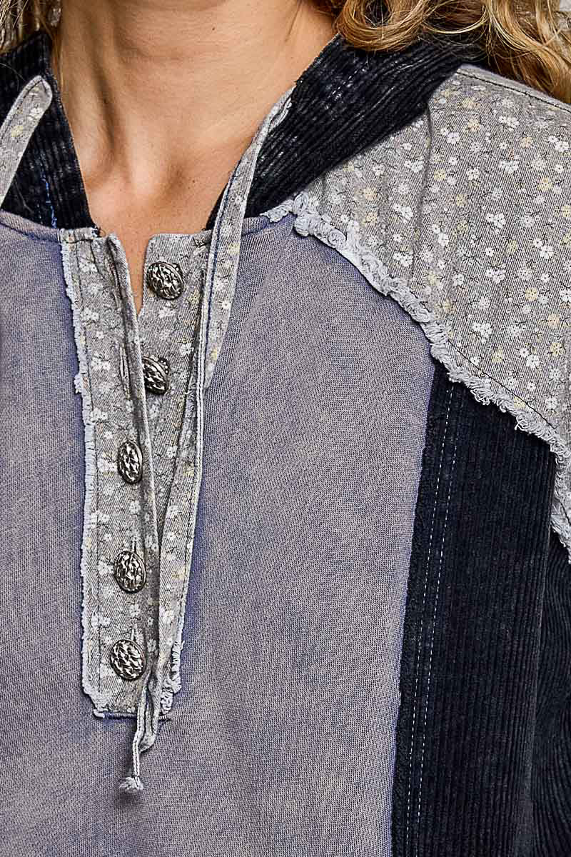 Vintage French Terry Mix Panel Hoodie Iron Grey