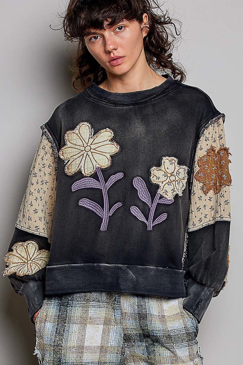 Floral Patch Exposed Seam Shoulder Ruffle Sweatshirt