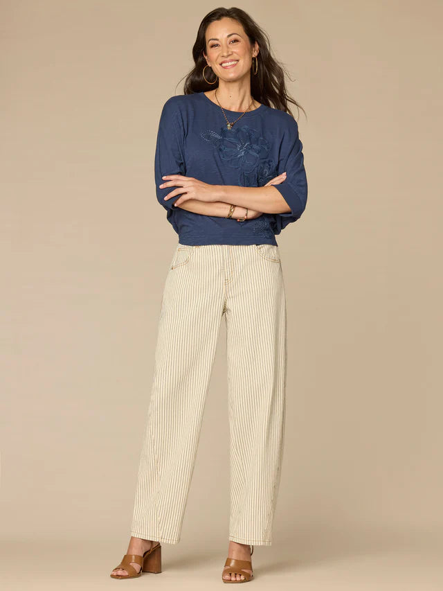 3/4 Dolman Sleeve Embroidered Knit Top Navy Multi