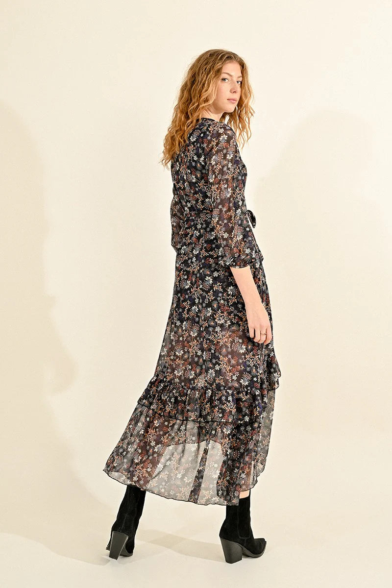 Western Floral Belted Ruffle Hem Maxi Dress Black Claire