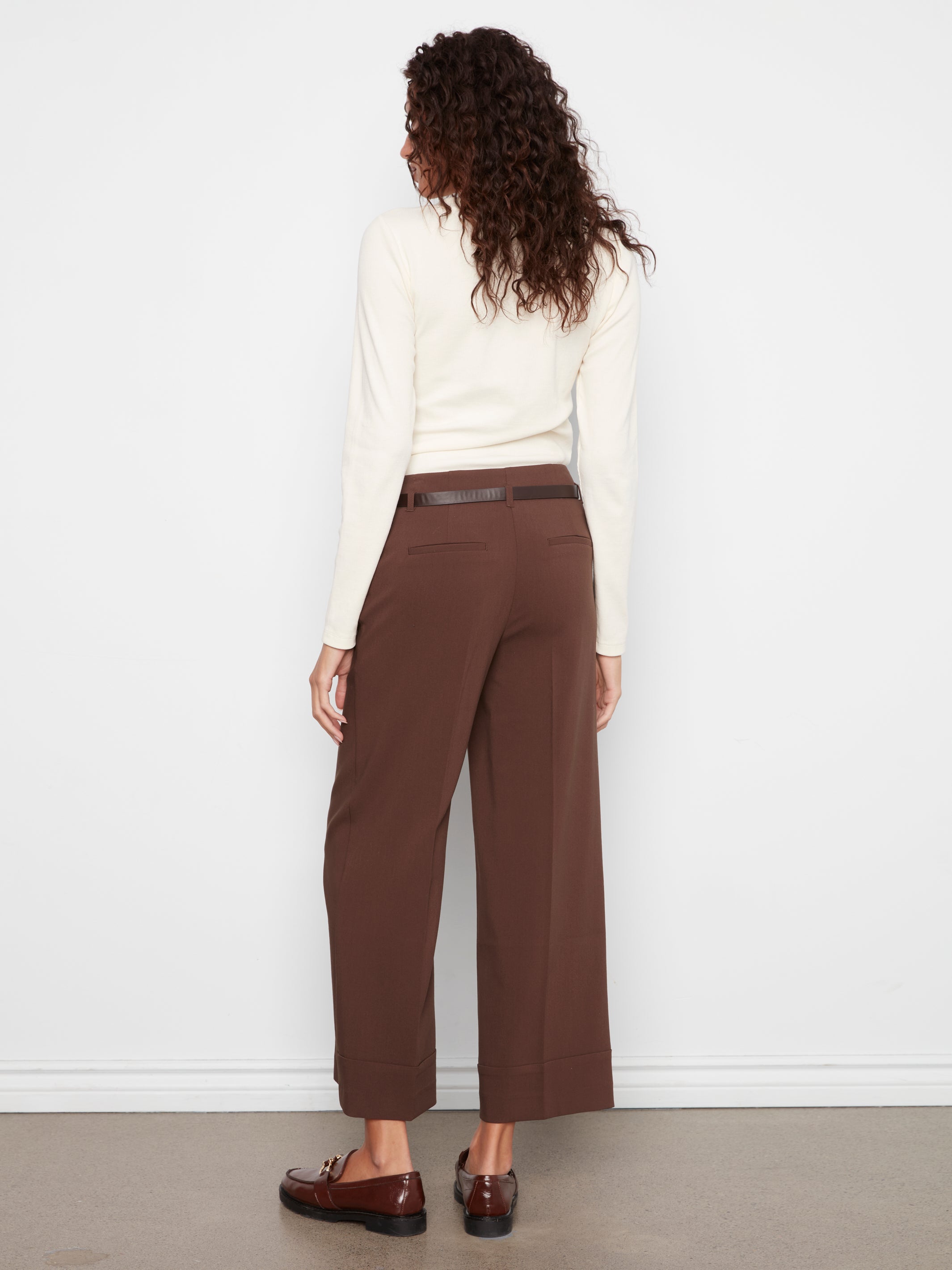Belted Wide Leg Crepe Pants Coffee