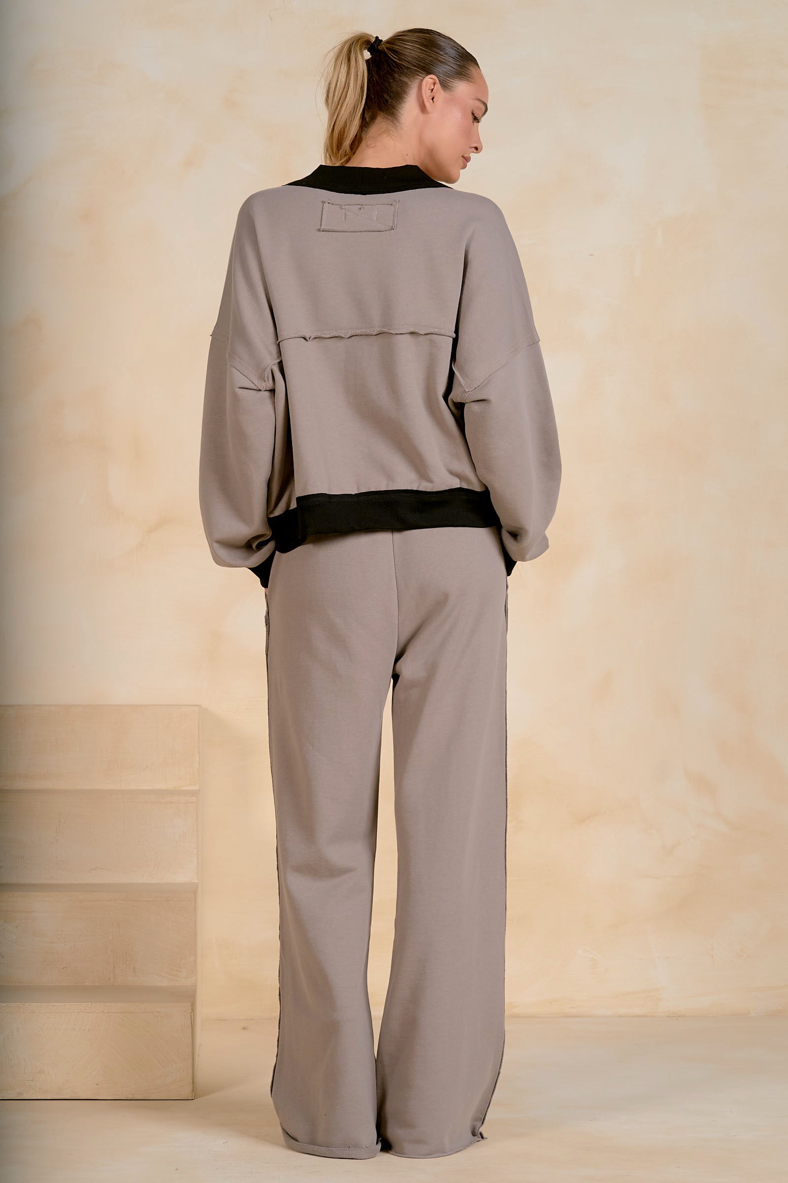 Contrast Detail Bomber Zip Up Sweatshirt Taupe + Black