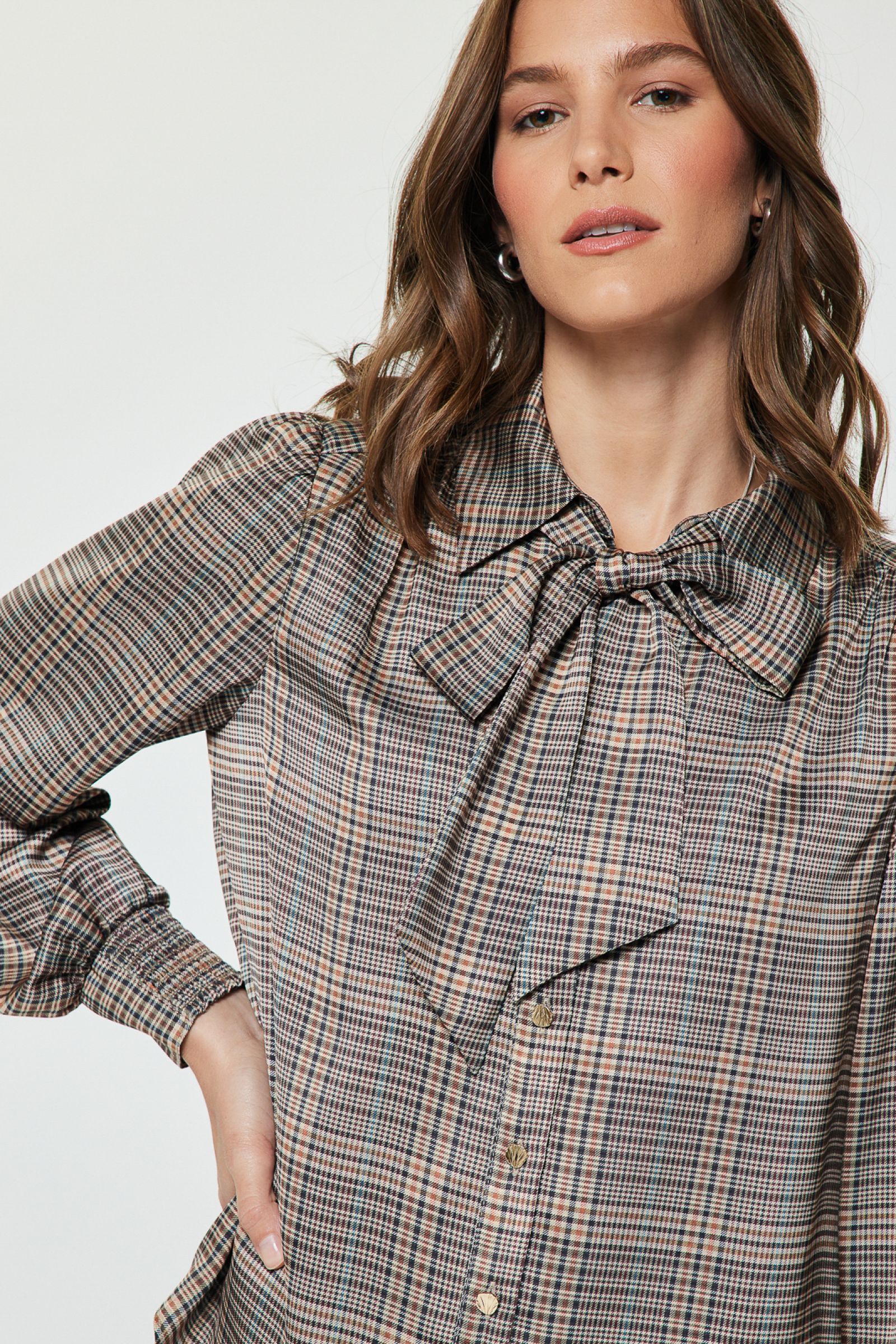 Plaid Satin Tie Neck Smock Cuff Blouse Multi