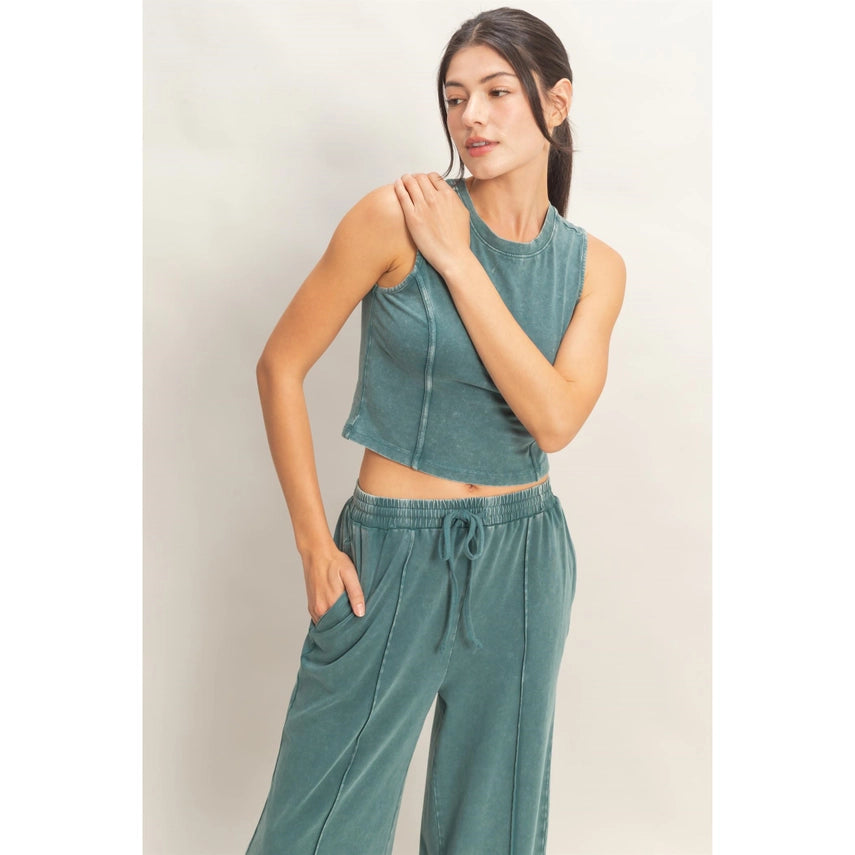 Mineral Washed Tank Wide Leg Pants Set Dark Teal