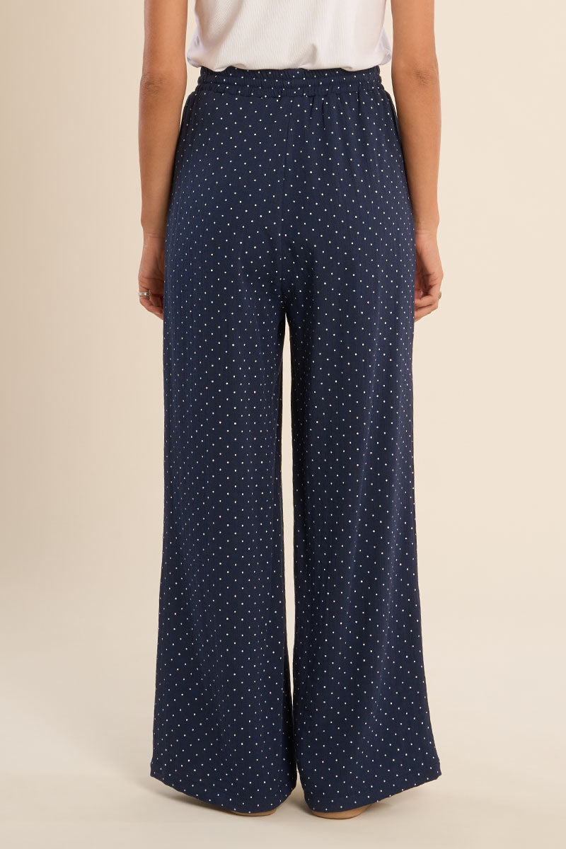 Polka Dot Drawstring Pants Navy Blue