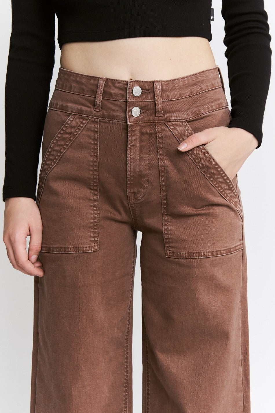 High Rise Double Waistband Wide Leg Denim Pants Cocoa