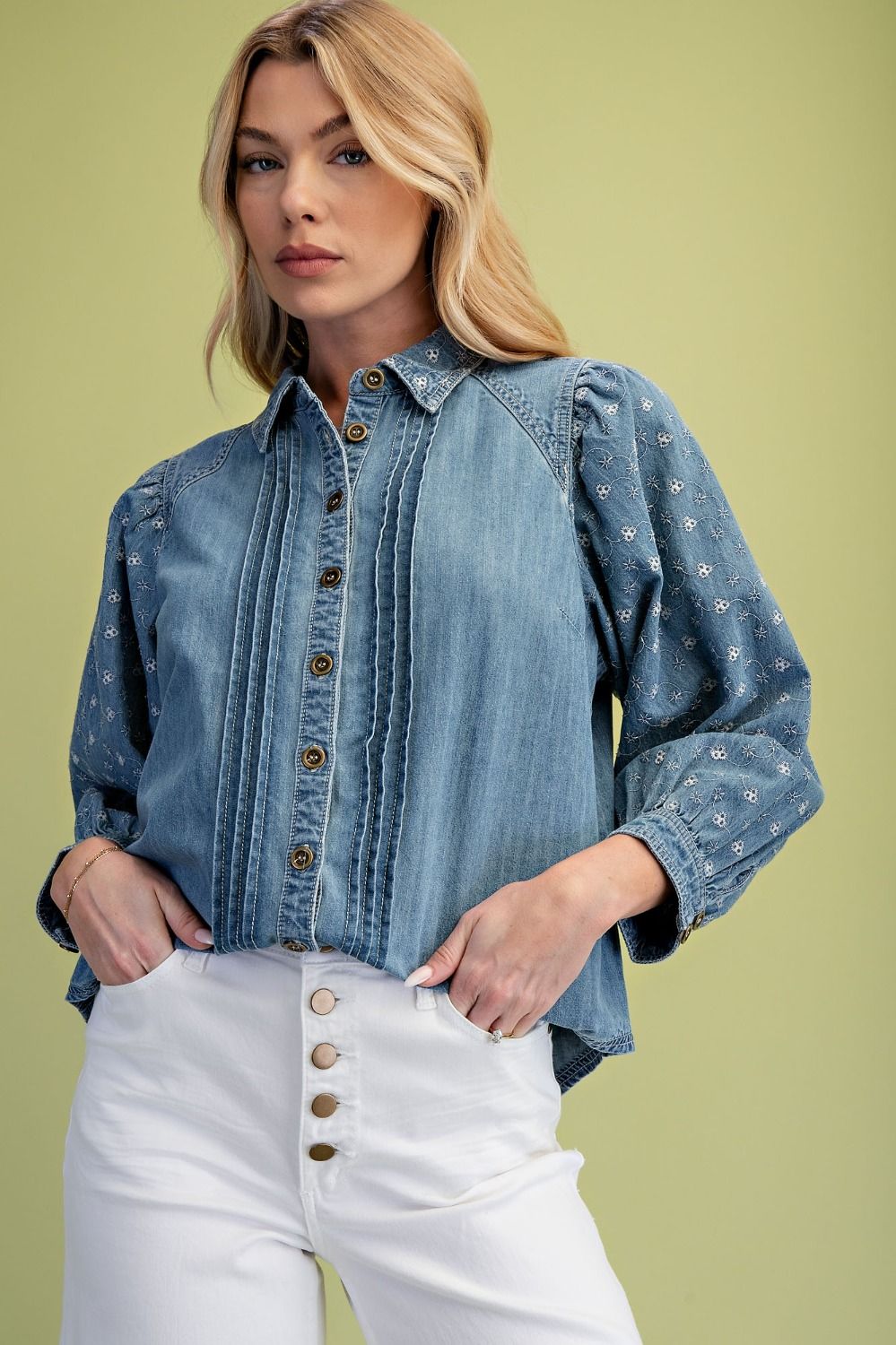 Embroidered Puff Sleeve Pintuck Denim Shirt Washed Denim