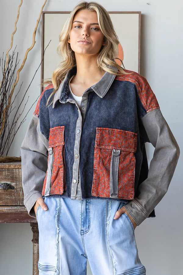 Washed Colorblock Corduroy Jacket Chili