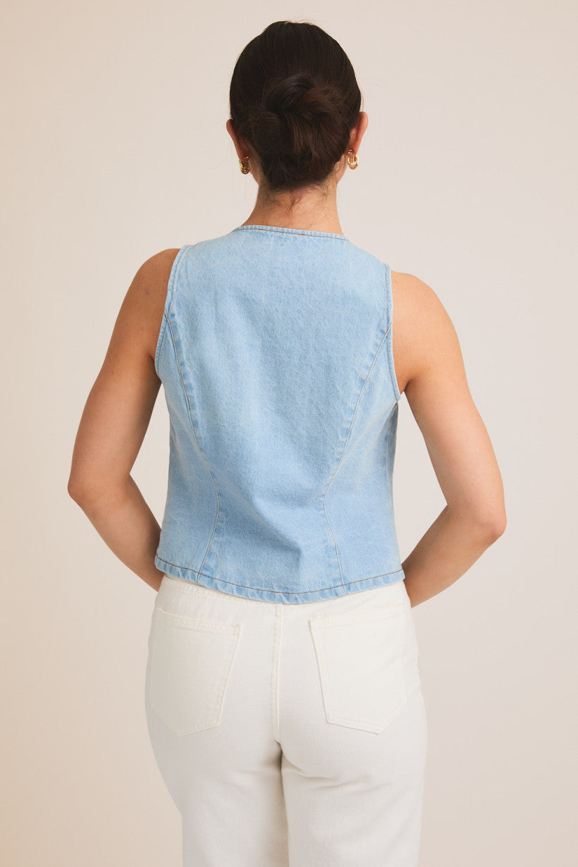 Lace Trim Tied Denim Vest Denim