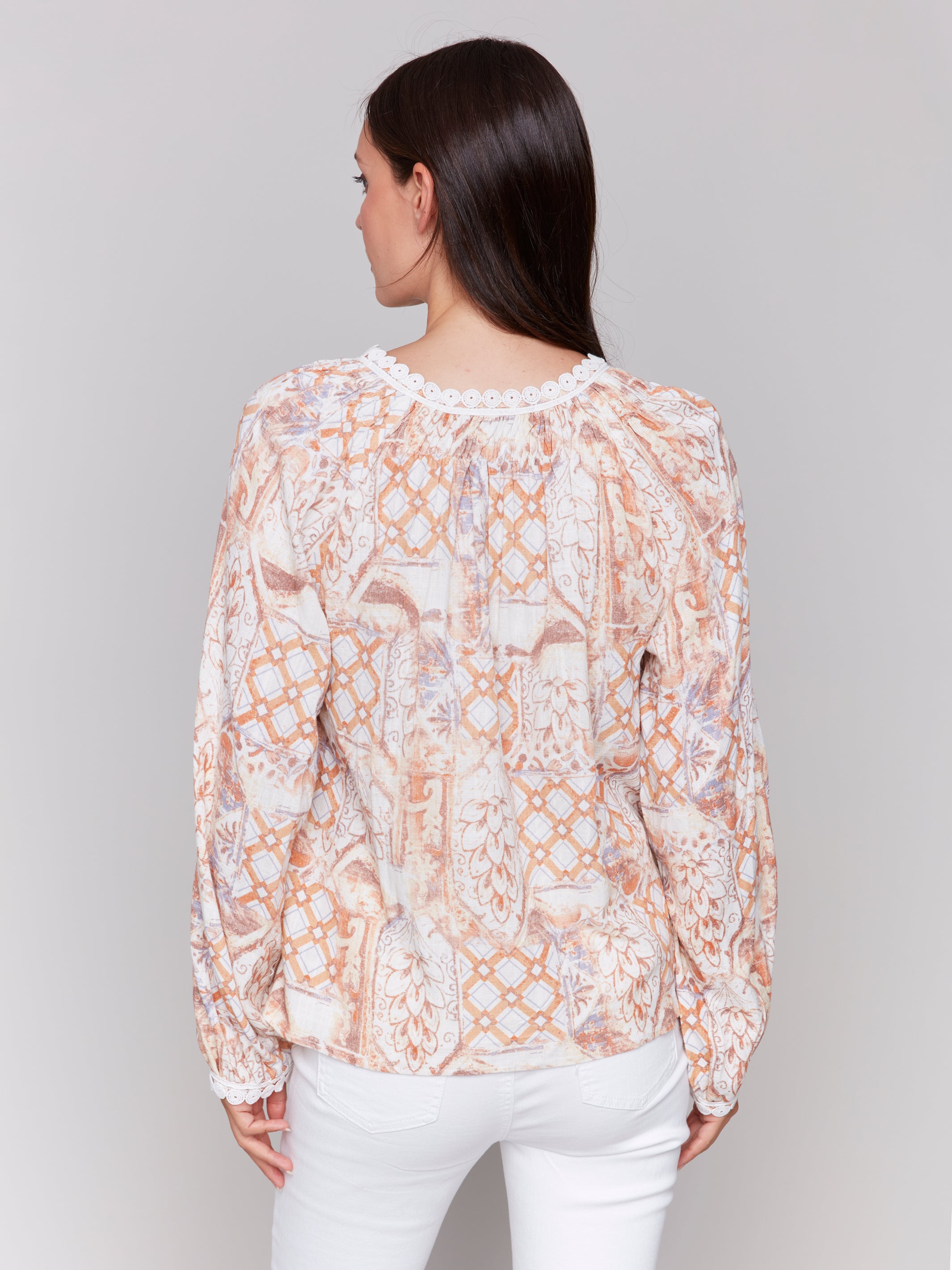 Printed Raglan Long Sleeve Blouse Papaya