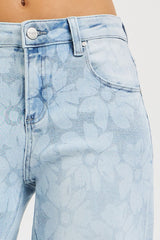 Bleached Daisy Print High Rise Wide Baggy Jeans Light