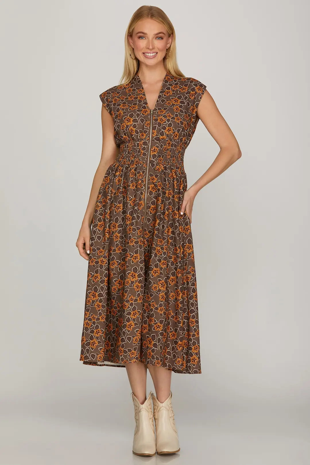 Vintage Poppy Floral Smocked Waist Zip Midi Dress Mocha + Caramel