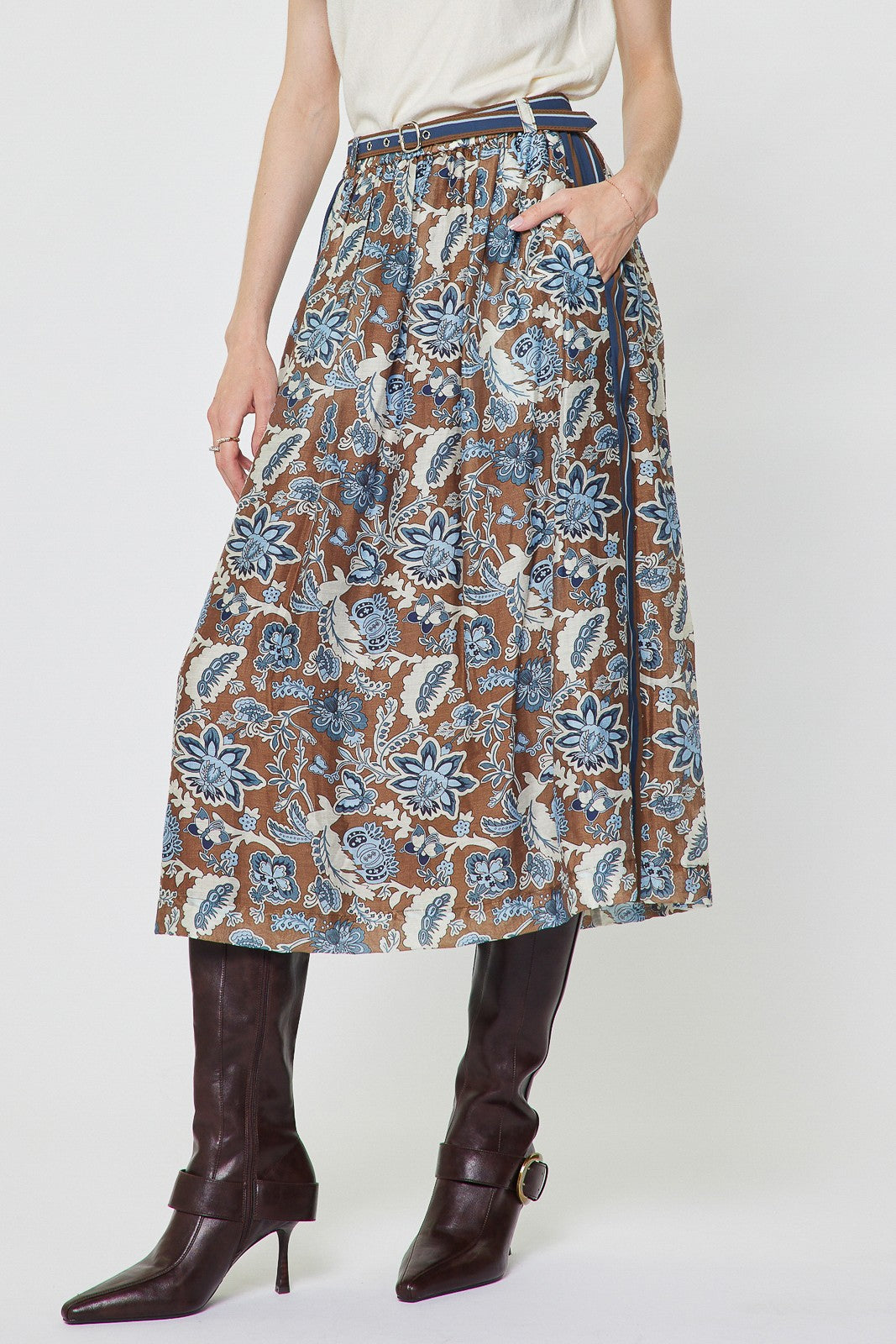 Floral Paisley Printed Midi Skirt Blue Multi