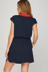 Colorblock Drawstring Waist Collared Mini Dress Navy