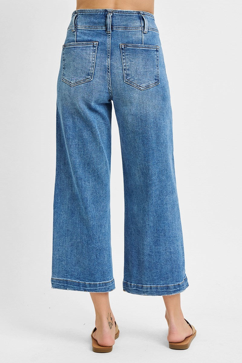 High Rise Crop Wide Leg Front Seam Detail Jeans Medium