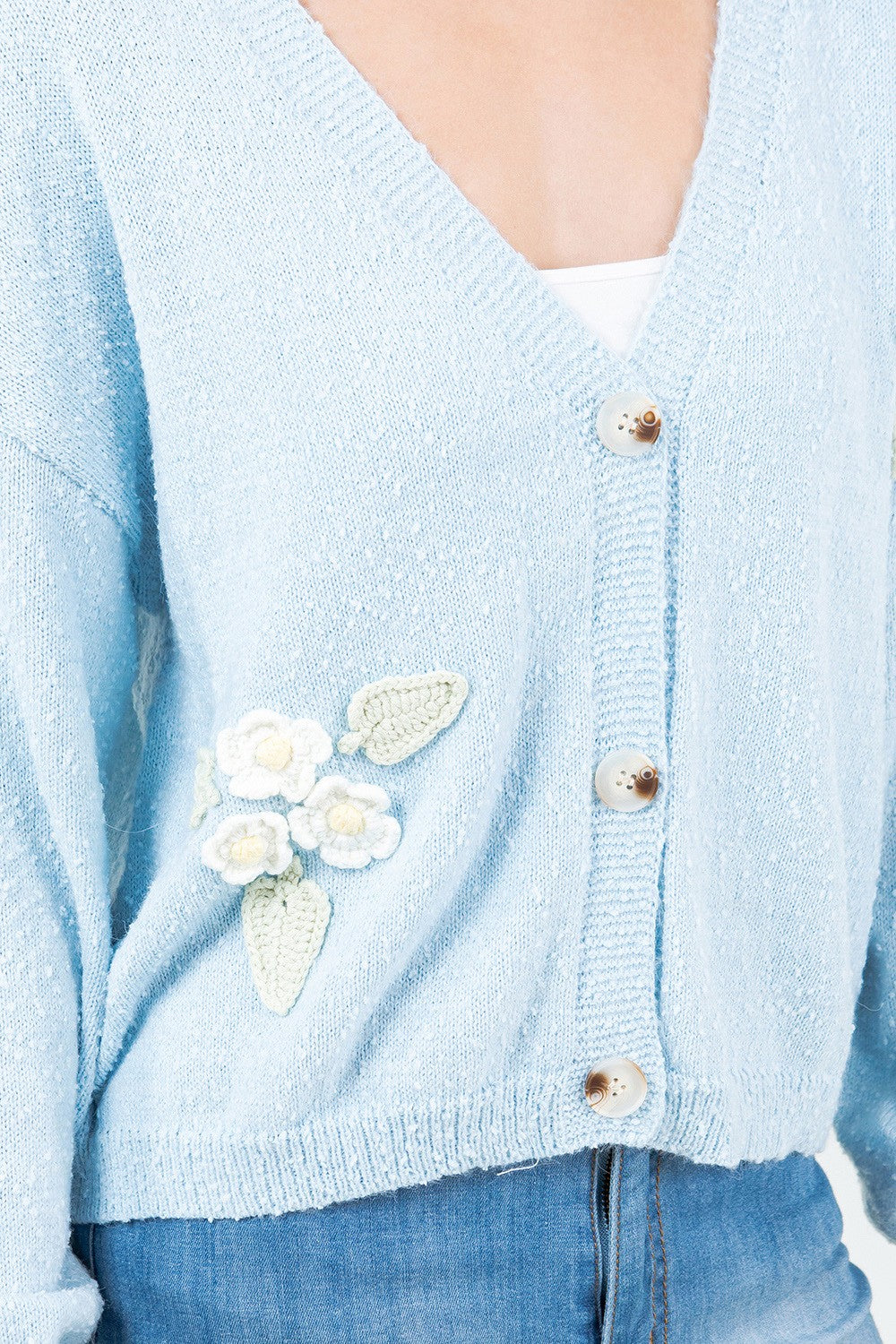 Embroidered Flowers Button Up Cardigan Blue