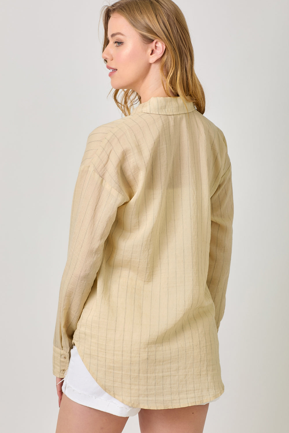 Pinstripe Single Pocket Button Down Shirt Milk Tea