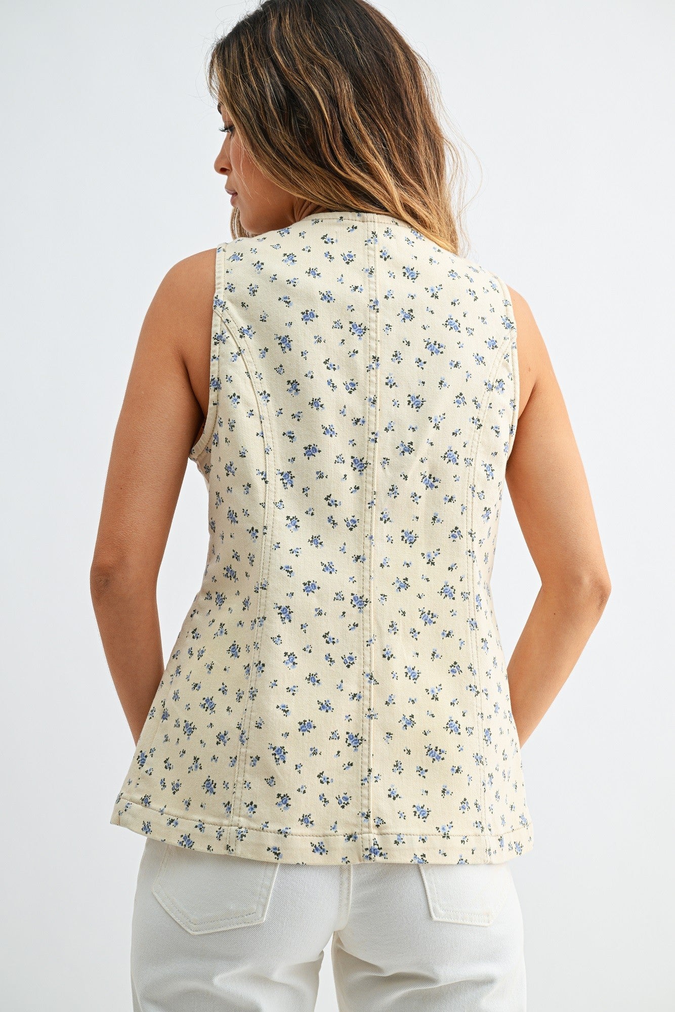 Tailored Denim Vest Flower Print