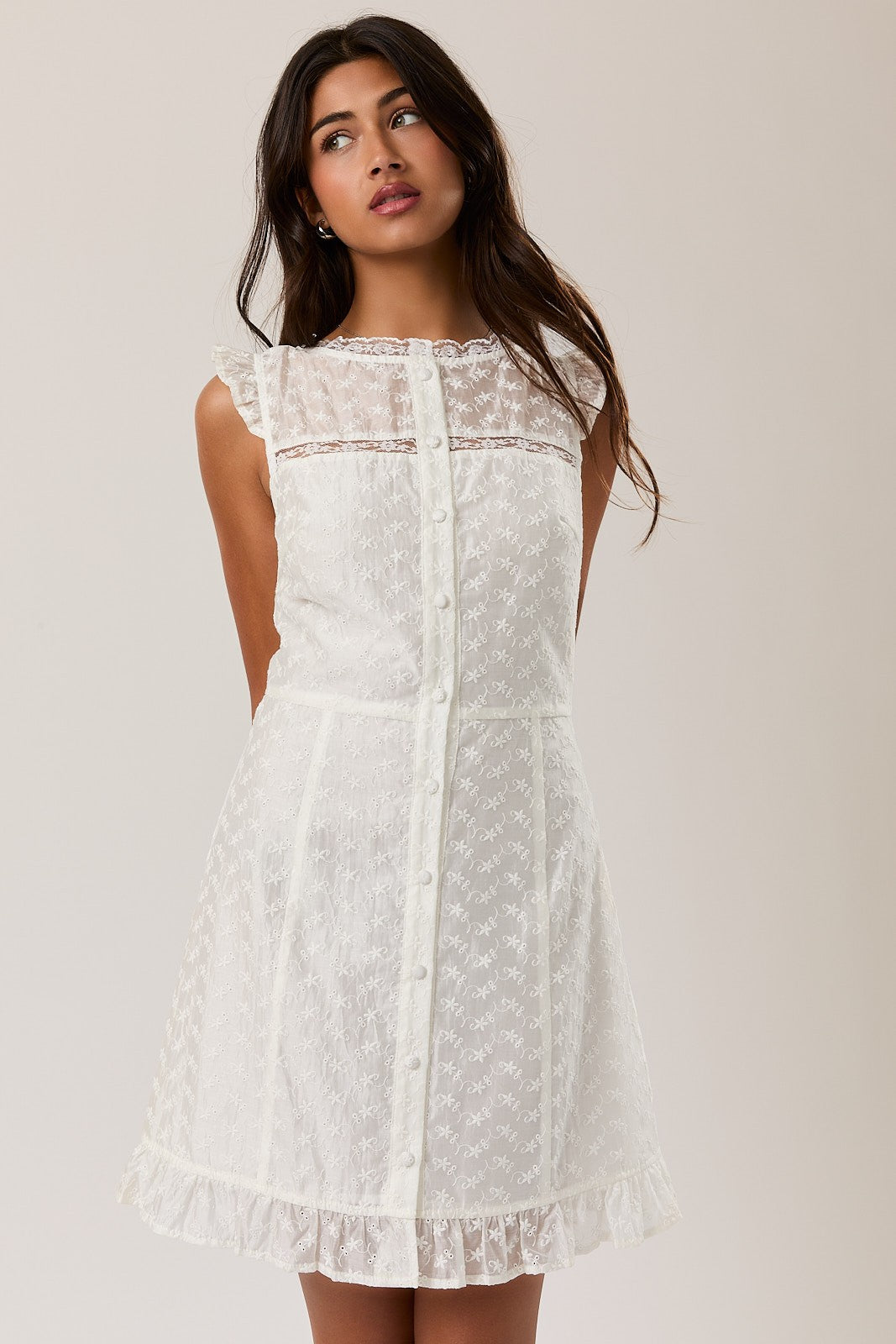 Eyelet Lace Trim Mini Dress White
