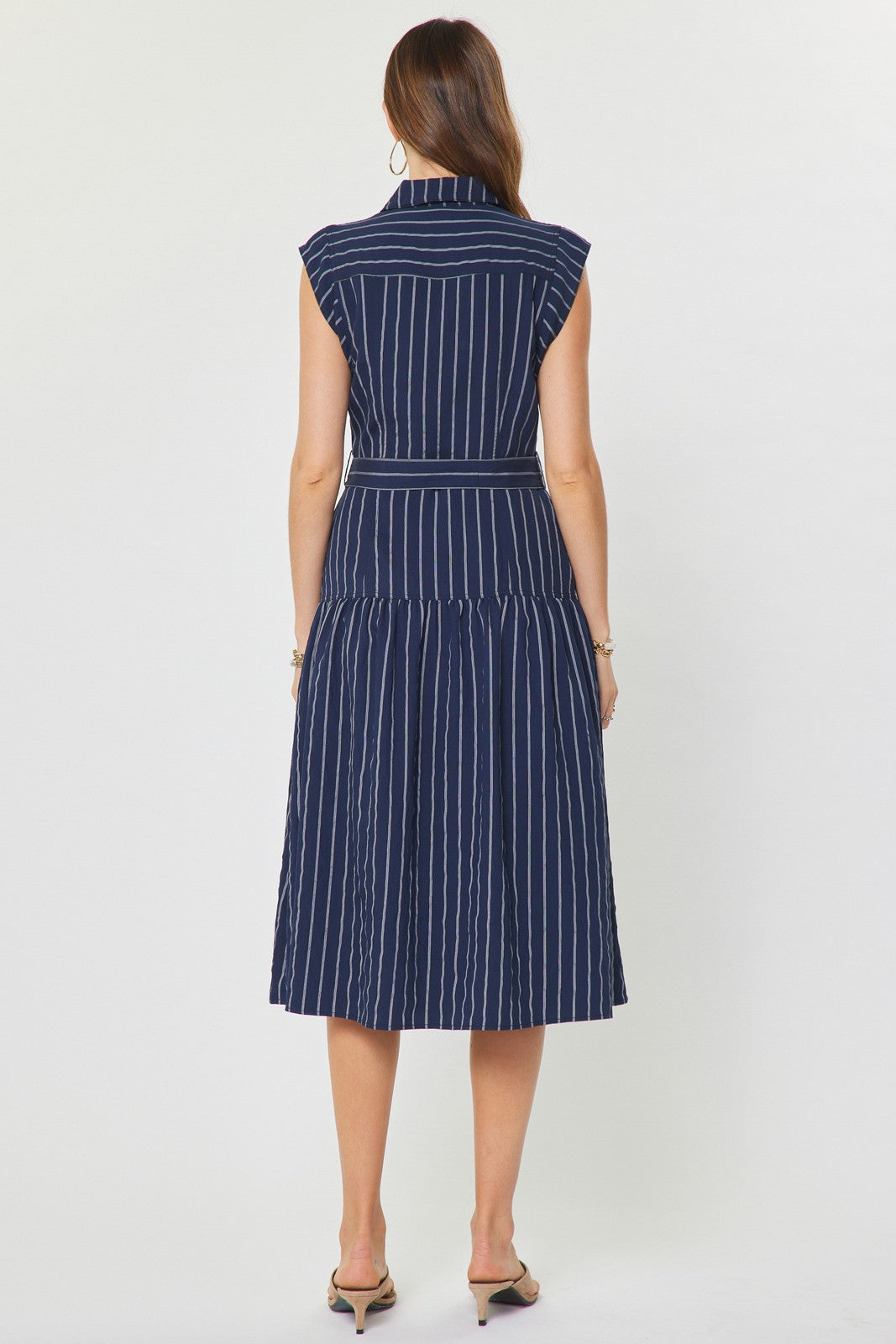 Belted Pinstripe Cap Sleeve Dress Navy